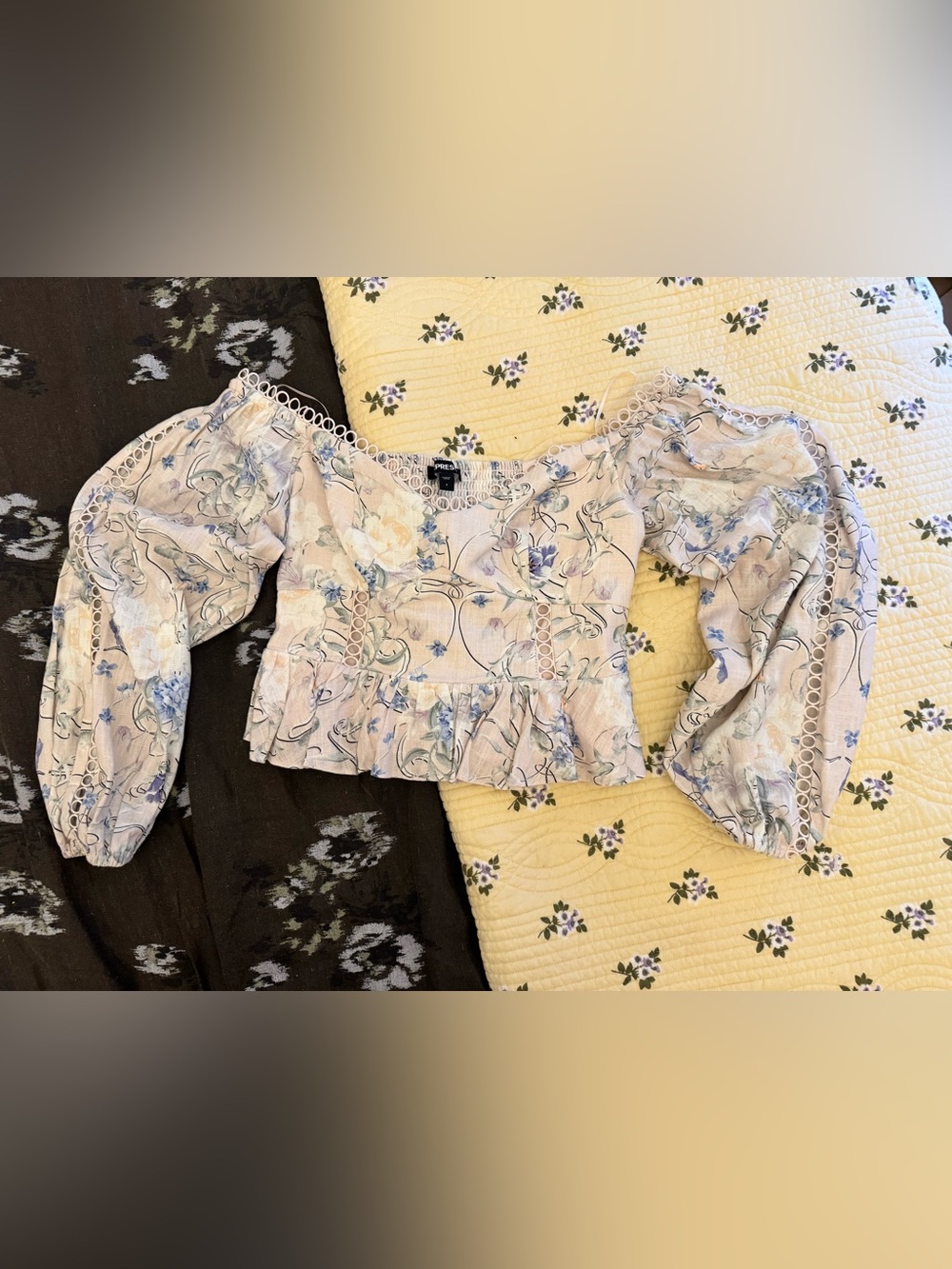 Express Floral Off-Shoulder Peplum Top in Light Lavender and Blue - Small